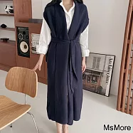 【MsMore】 韓版氣質藏青色簡約針織毛衣長版背心外套# 119855 FREE 藏青色