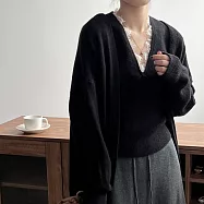 【MsMore】 韓版寬鬆拼蕾絲邊v領套頭背心+慵懶風毛衣外套中長兩件式上衣套裝# 119863 FREE 黑色