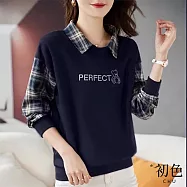 【初色】翻領拼接假兩件格紋字母小熊刺繡長袖襯衫T恤上衣-共2色-31029(M-2XL可選) M 寶藍色