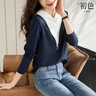 【初色】休閒寬鬆假兩件撞色簡約拉鍊V領連帽長袖T恤上衣-藏青色-31056(M-2XL可選) M 藏青色