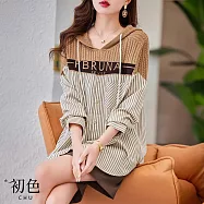 【初色】休閒撞色拼接條紋寬鬆百搭抽繩連帽長袖T恤上衣-共2色-31063(F可選) F 咖色