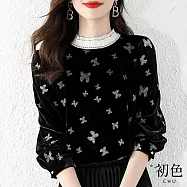 【初色】半高領拼接寬鬆顯瘦蝴蝶印花T恤上衣-黑色-64836(M-2XL可選) M 黑色