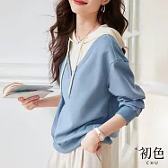 【初色】休閒連帽抽繩假兩件落肩長袖拼色V領T恤上衣-藍米色-31118(M-2XL可選) M 藍米色