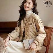 【初色】純色菱格壓紋加厚圓領科技羽絨棉外套-卡其色-31144(M-2XL可選) M 卡其色