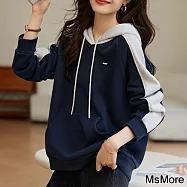 【MsMore】 拼色加絨連帽韓版寬鬆復古校園長袖撞色短版上衣# 119826 M 藏青色