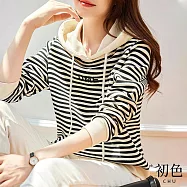 【初色】字母刺繡撞色條紋長袖抽繩連帽T恤上衣-米白色-31042(M-2XL可選) M 米白色