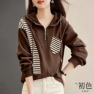 【初色】寬鬆條紋口袋拼接拉鍊抽繩長袖連帽T恤上衣-咖啡色-31151(M-2XL可選) M 咖啡色