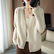 【MsMore】 羊絨感短款針織毛衣外套純色長袖➕V領吊帶兩件式上衣套裝# 119918 FREE 米白色