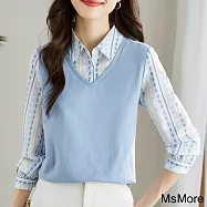 【MsMore】 假兩件拼接減齡幾何花襯衫領拼拼接百搭長袖短版上衣# 119924 2XL 藍色