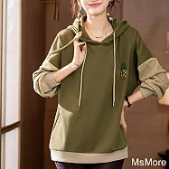 【MsMore】 連帽抽繩長袖針織拼接休閒寬鬆韓版短版上衣# 119945 M 綠色