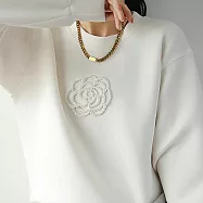 【MsMore】 小香風法式立體山茶花圓領長袖韓版寬鬆短版上衣# 119975 XL 白色