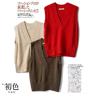 【初色】純色褶皺V領無袖外搭馬甲針織背心上衣-共3色-31262(F可選) F 米白色