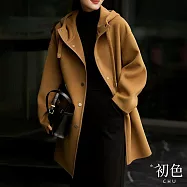 【初色】簡約單排扣大口袋抽繩連帽拼接中長款休閒外套毛呢大衣-共3色-31342(M-2XL可選) L 駝色