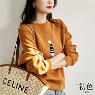 【初色】立體白鵝印花圓領寬鬆顯瘦長袖T恤上衣-共3色-31160(M-2XL可選) M 咖啡色