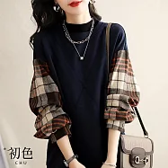 【初色】圓領格紋拼接假兩件休閒上衣T恤-藏青色-65916(M-2XL可選) M 藏青色