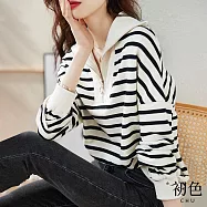 【初色】條紋拼接翻領拉鍊寬鬆長袖T恤上衣-條紋-31157(M-2XL可選) M 條紋