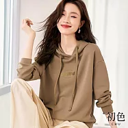 【初色】連帽抽繩印花衛衣長袖T恤上衣-卡其色-31127(M-2XL可選) M 卡其色