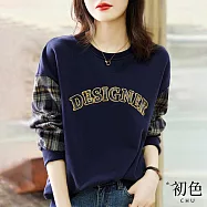 【初色】格紋拼接圓領字母貼布刺繡衛衣長袖T恤上衣-藍色-31130(M-2XL可選) M 藍色