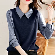 【MsMore】 香芋摩卡系襯衫翻領條紋長袖拼接假兩件短版寬鬆上衣# 120046 4XL 寶藍色