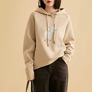 【MsMore】 休閒減齡卡通大象印花長袖寬鬆連帽實搭短版上衣# 120049 M 卡其色