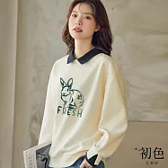 【初色】翻領假兩件落肩寬鬆長袖上衣-杏色-31050(M-XL可選) M 杏色