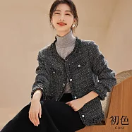 【初色】小香風粗花毛呢混彩紗短款長袖圓領拉毛包邊銀釦西裝外套-深灰色-31211(M-2XL可選) M 深灰色