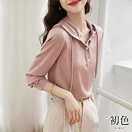 【初色】純色緞面寬鬆休閒百搭連帽長袖T恤上衣-共3色-31111(M-2XL可選) M 粉色
