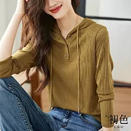 【初色】簡約立體直條紋抽繩連帽休閒長袖T恤上衣-黃綠色-31119(M-2XL可選) M 黃綠色