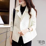 【初色】休閒簡約菱格紋路翻領排釦落肩袖長袖鋪棉夾克外套-米白色-31223(M-2XL可選) M 米白色