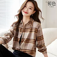 【初色】撞色格紋翻領磨毛長袖襯衫上衣-卡其色-31135(M-2XL可選) M 卡其色