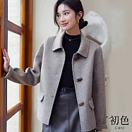 【初色】秋冬翻領短款牛角扣毛呢長袖外套-共2色-31402(M-2XL可選) M 卡其色