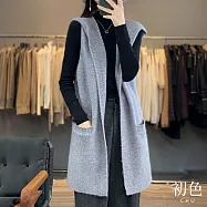 【初色】純色寬鬆無袖口袋開衫中長款連帽毛衣背心針織外套-共3色-31422(F可選) F 灰藍色