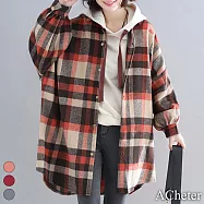 【ACheter】 韓版格子外套文藝寬鬆大碼長袖襯襯百搭加厚開衫長版上衣# 120050 XL 橘色