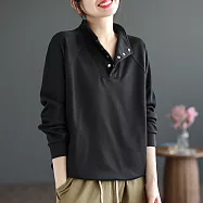 【ACheter】 創新大碼半開立領時尚文藝寬鬆顯瘦休閒百搭長袖短版上衣# 120068 L 黑色