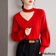 【MsMore】 法式紅色掛脖毛衣高級年慶華麗氛圍感長袖短版上衣# 120142 FREE 紅色