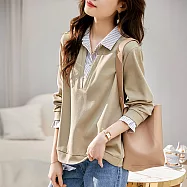 【MsMore】 假兩件條紋撞色時尚通勤個性翻領長袖短版上衣# 120154 2XL 卡其色