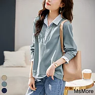 【MsMore】 假兩件條紋撞色時尚通勤個性翻領長袖短版上衣# 120154 M 藍色