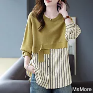【MsMore】 黃色圓領針織拼接條紋假兩件襯衫長袖設計感中長上衣# 120163 L 黃色
