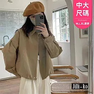 【Jilli~ko】翻領短款夾克女下擺抽繩寬鬆短外套中大尺碼 J11281 FREE 卡其