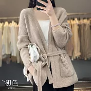 【初色】休閒寬鬆簡約素色毛呢針織V領開衫中長無扣收腰綁帶大口袋長袖毛衣上衣外套-共2色-31375(F可選) F 駝色
