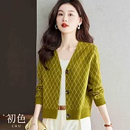 【初色】V領菱格紋長袖外搭針織開衫外套上衣-共2色-31378(F可選) F 黃綠色