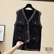 【初色】小香風毛呢V領金絲花邊無袖馬甲背心外套-共2色-31530(F可選) F 黑色