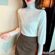 【MsMore】 磨毛加厚蕾絲上衣高領網紗加絨內搭時髦時尚修身短版# 120200 M 杏色
