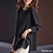 【MsMore】 大碼黑色釘鑽圓領上衣時尚休閒長袖中長版# 120208 M 黑色