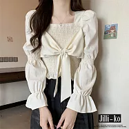 【Jilli~ko】法式設計感方領襯衫女蝴蝶結長袖短上衣 J11319 FREE 白色