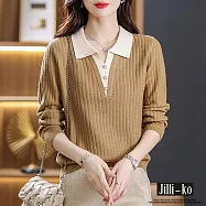 【Jilli~ko】假兩件翻領拼接針織衫女時尚套頭毛衣 J11362 FREE 卡其