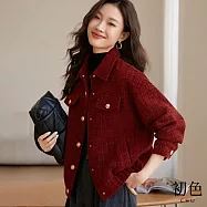 【初色】文藝小香風襯衫領編織肌理紋金屬扣飾加厚休閒外套-酒紅色-31572(M-2XL可選) XL 酒紅色