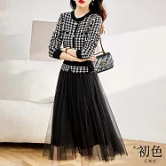 【初色】假兩件拼接千鳥格圓領寬鬆網紗長袖連身裙洋裝-共2色-31600(F可選) F 黑色