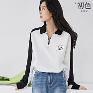 【初色】撞色翻領拉鍊長袖T恤上衣-黑白色-31583(M-2XL可選) M 黑白色