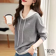【初色】連帽抽繩拼色長袖T恤上衣-灰色-31576(M-2XL可選) M 灰色